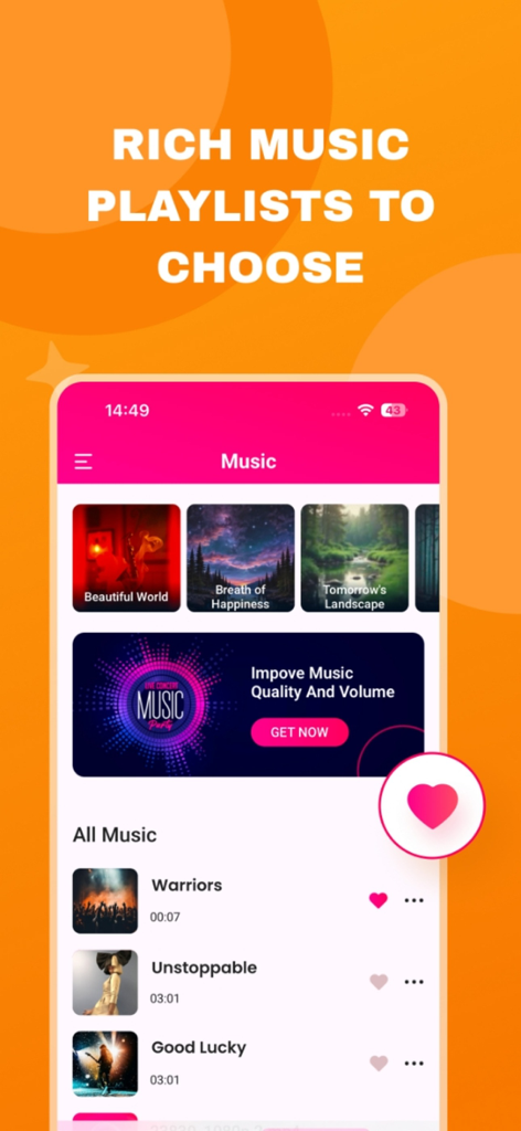 Interface de l'application MeloZen montrant une sélection de riches listes de lecture musicales et de pistes pour la relaxation