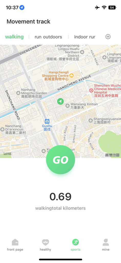 Fere fit - Fere fit app screen displaying a GPS map for tracking walking distance with a green GO button