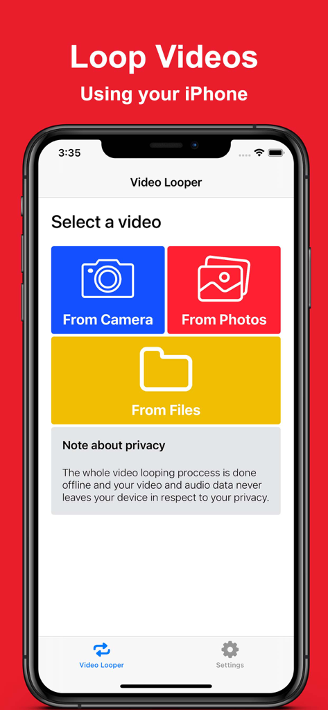 Video Looper - Replay Videos - カメラロール、写真、ファイルからビデオを選択するためのVideo Looperモバイルアプリ画面（オフラインプライバシー情報付き）