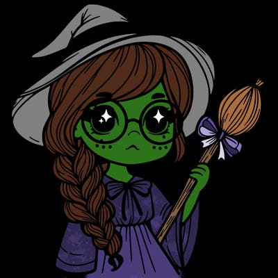 a witch with a braid and two glasses