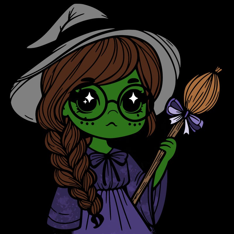 a witch with a braid and two glasses