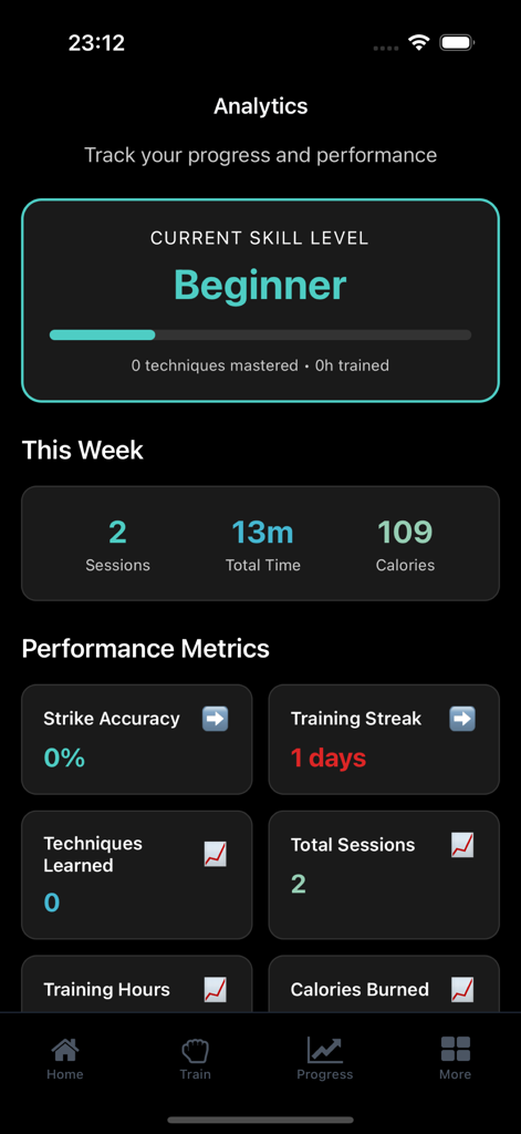 OctaCoach - Pantalla de análisis de la aplicación OctaCoach que muestra el progreso del entrenamiento y el nivel de habilidad