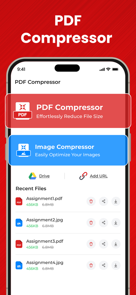 PDF Compressor－Compress PDF - Interfaz de la aplicación móvil PDF Compressor que muestra opciones para comprimir PDF e imágenes con una lista de archivos recientes y sus tamaños reducidos.