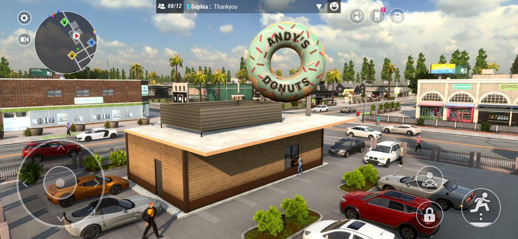 A scene from the multiplayer mode of Car Parking Driving School featuring cars at a donut shop.