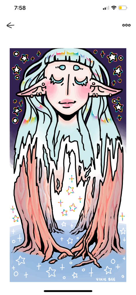 DrawnTogether - A surreal collaborative digital drawing featuring an elf character with melting blue hair that transitions into tree roots against a starry background.