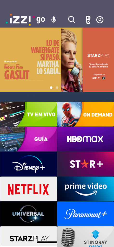 Izzi go app dashboard showing live TV guide and popular streaming service integrations
