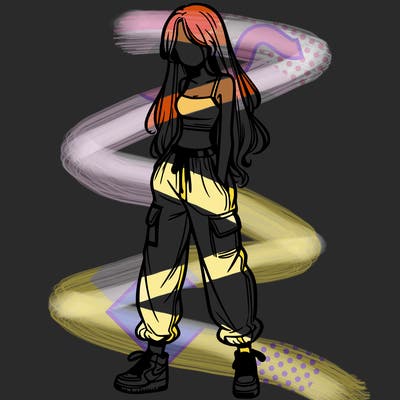 girl in baggy pants crop top and long hair