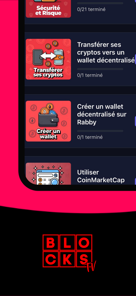 Screenshot of the Blocks app educational section showing crypto tutorials for wallets and market research tools.