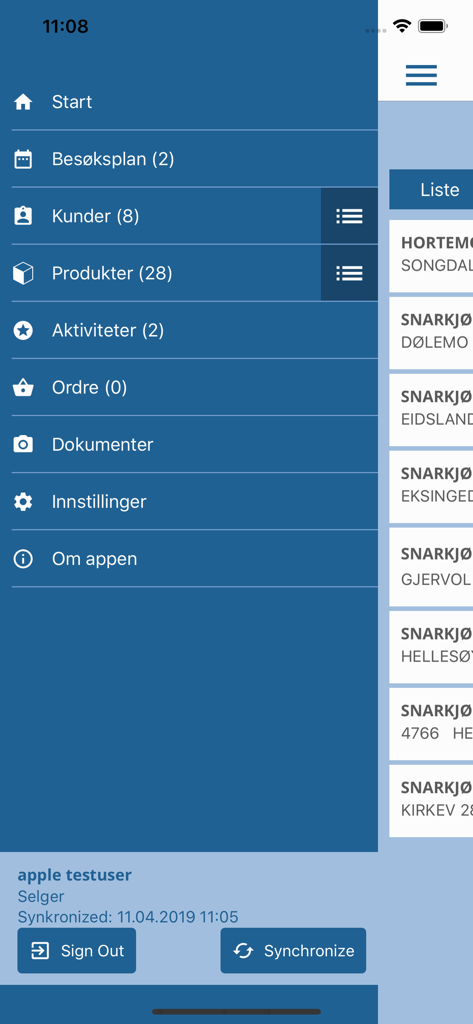 Side navigation menu of the Increase Sales app showing sections for customers products and activities