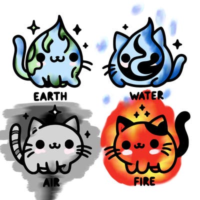 4 cats that represent the different elements, earth, water, air, and fire