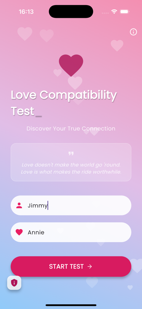 Love Tester - Crush Test - Jimmy와 Annie의 이름 입력 필드와 시작 테스트 버튼이 표시된 사랑 테스트 앱 인터페이스