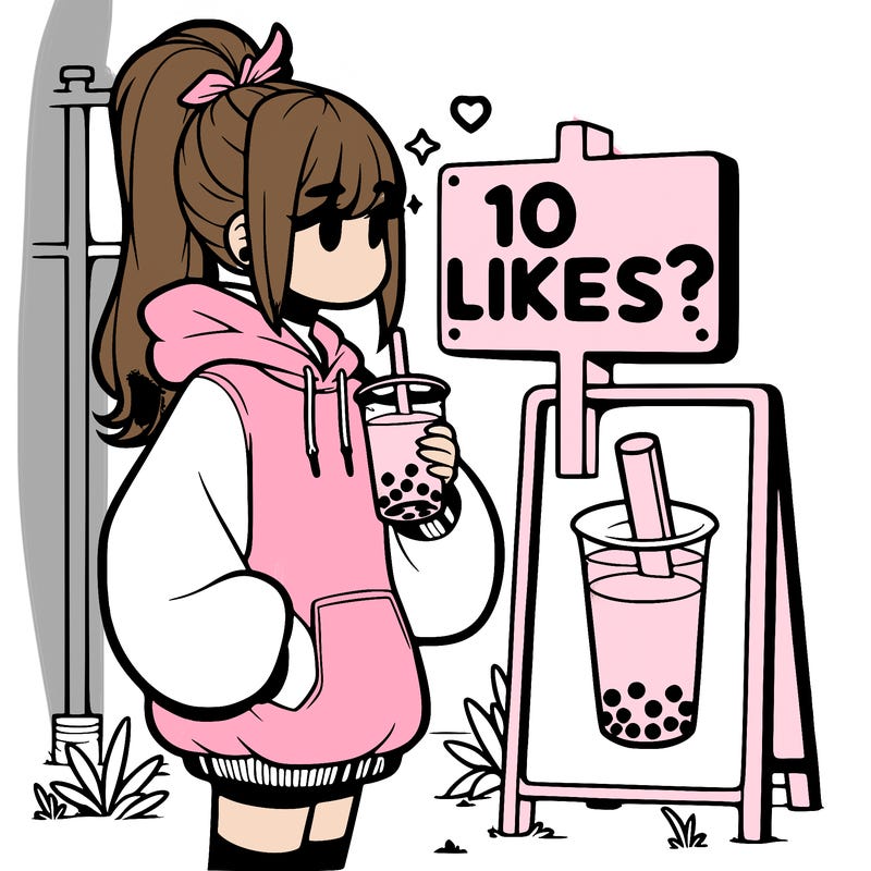 girl with oversized hoodie drinking boba and she has a high ponytail with a sign that says 10likes?