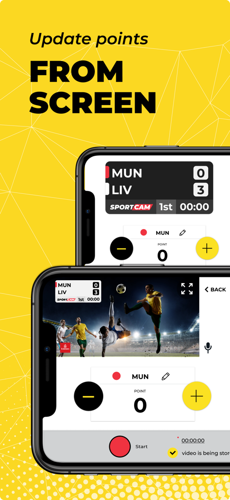 Interfaccia dello smartphone che mostra gli aggiornamenti del tabellone segnapunti in tempo reale per una partita di calcio in diretta nell'app SportCam.