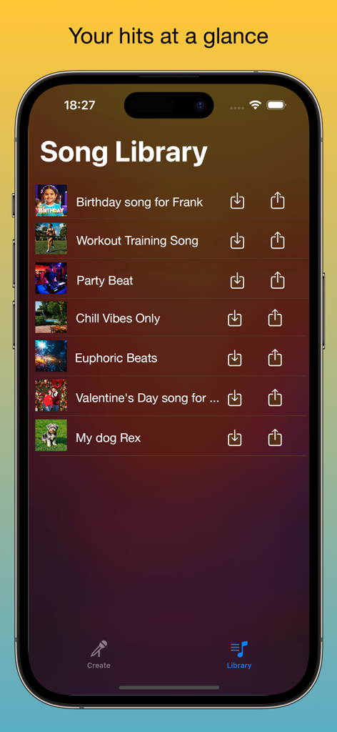 La pantalla de la biblioteca de canciones en djAI que muestra una lista de pistas creadas por IA.