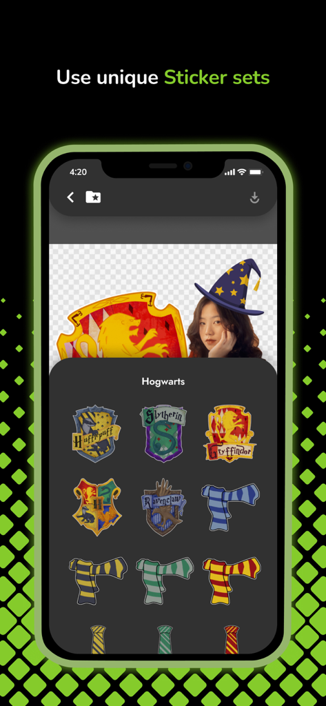 Sticker Maker for Messenger - Interfaz de la aplicación Sticker Maker for Messenger que muestra una variedad de conjuntos de stickers únicos con temática de Hogwarts, incluyendo escudos de casas y bufandas.