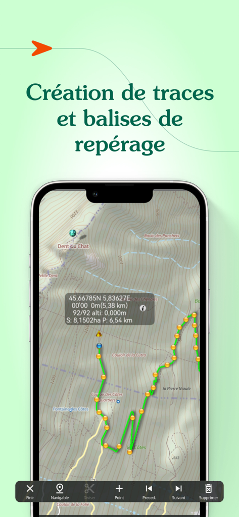 Topographic map interface showing route creation with tracks and markers in the Iphigenie app