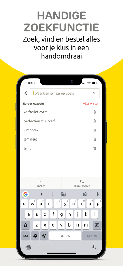 Un smartphone que muestra la pantalla de búsqueda de la aplicación Praxis con una lista de búsquedas recientes de productos DIY y un teclado digital