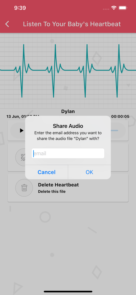 Baby's Heartbeat Backup - Screenshot of the Babys Heartbeat Backup app showing a heartbeat waveform and a share audio popup