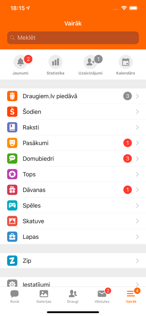 The Vairak menu screen of the Draugiem social app showing various sections and Latvian navigation