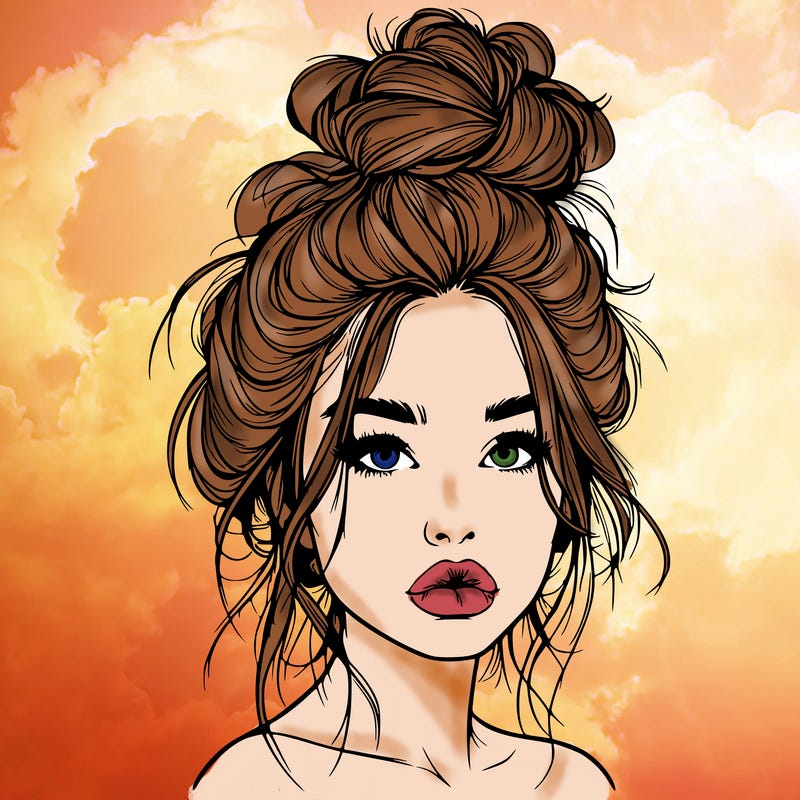 realistic girl with a messy bun and she has lips