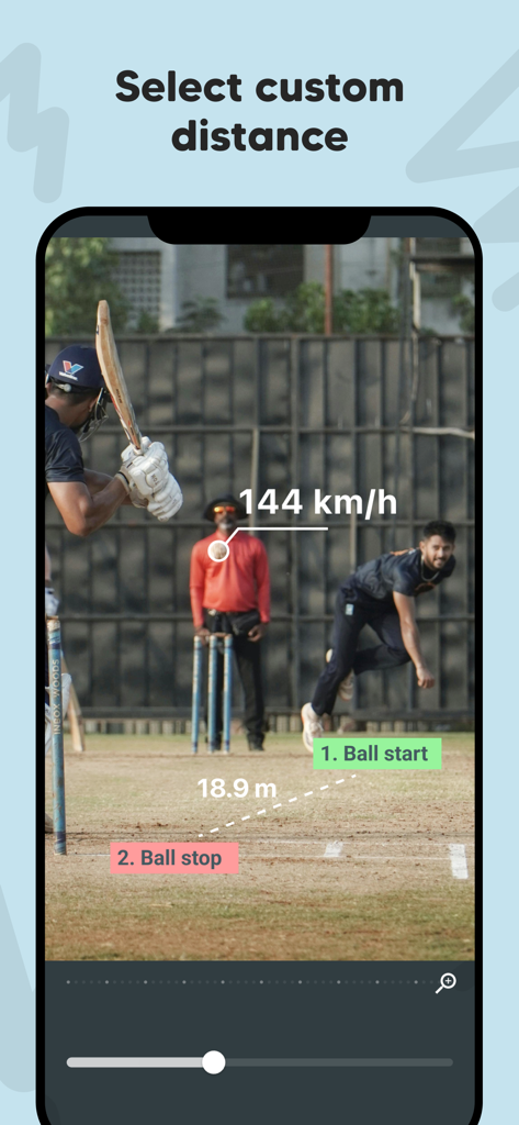 Mobile app interface measuring a cricket bowling speed of 144 km/h using video frame analysis.