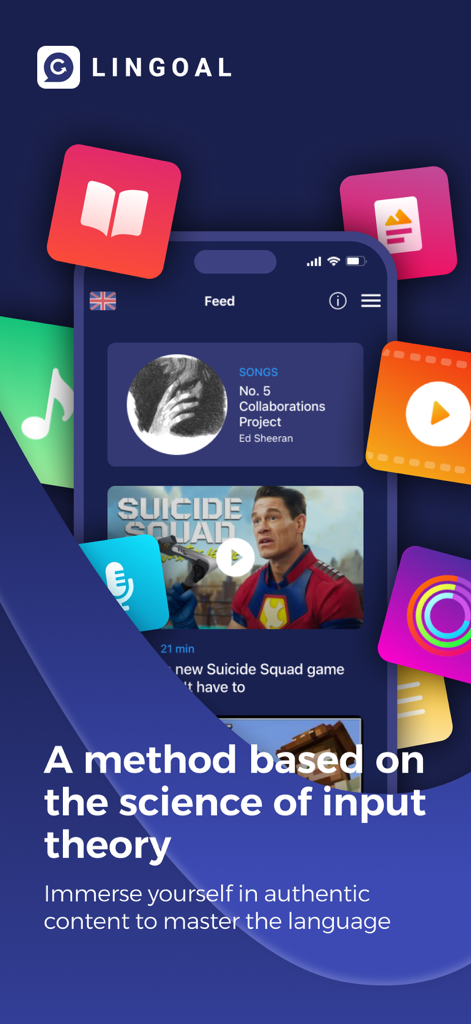 Lingoal: Languages with media - Interface de l'application mobile Lingoal affichant l'apprentissage des langues grâce à du contenu médiatique authentique et à la théorie de l'entrée.