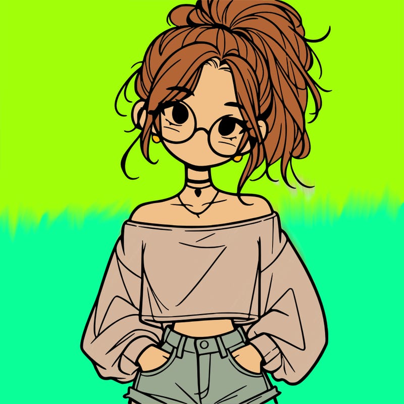 girl with a messy ponytail glasses a baggy crop top and jean shorts