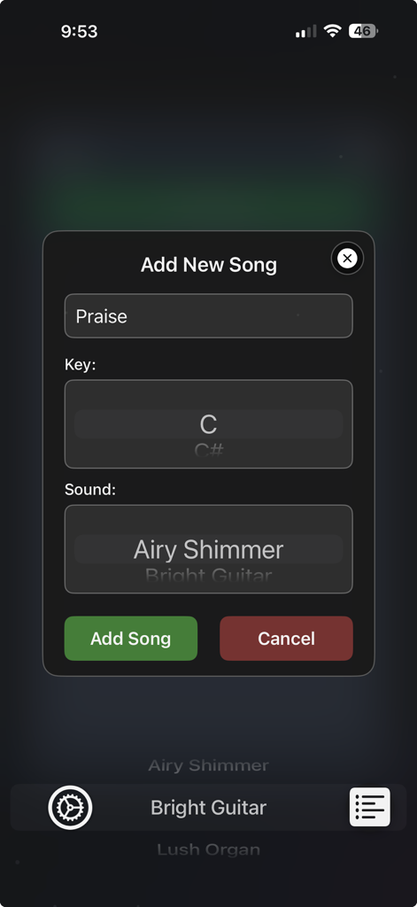 Worship Pads: Ambient Loops - Adicionando uma nova música com configurações de tonalidade e som ambiente no aplicativo Worship Pads.