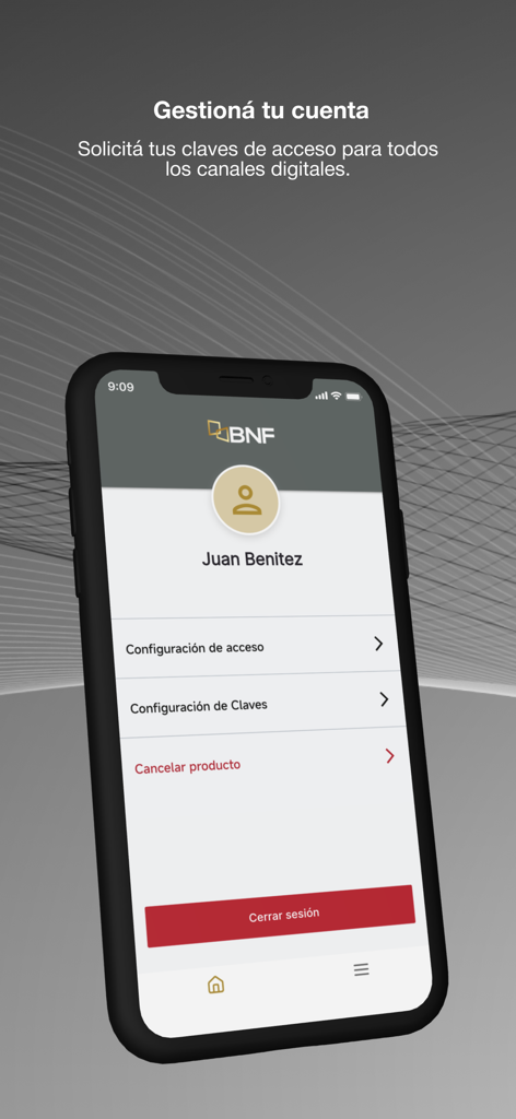BNF Paraguay - BNFパラグアイモバイルアプリのアカウント管理画面。ユーザープロフィールと設定が表示されています。
