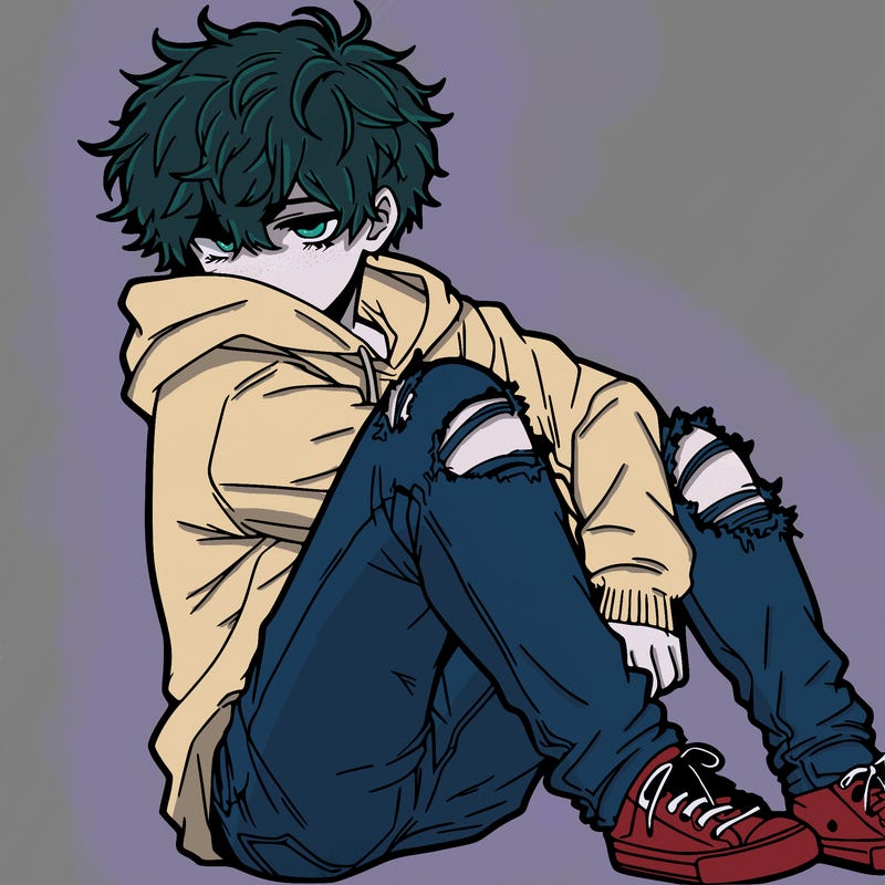a male hoddie ripped jeans messy hair anime