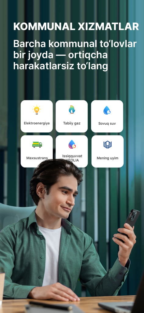 A man managing utility bill payments in the Ipak Yuli Mobile app