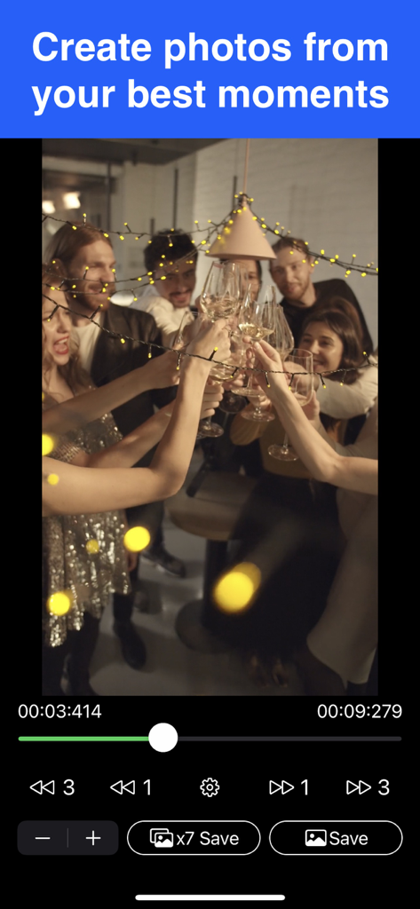 Video to Photo - Grab HD Pic - A mobile app interface showing a video of friends toasting with options to extract and save high quality photos.