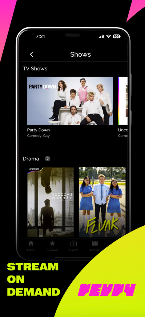 Revry - Revry app screen displaying various LGBTQ plus TV shows and drama categories for streaming
