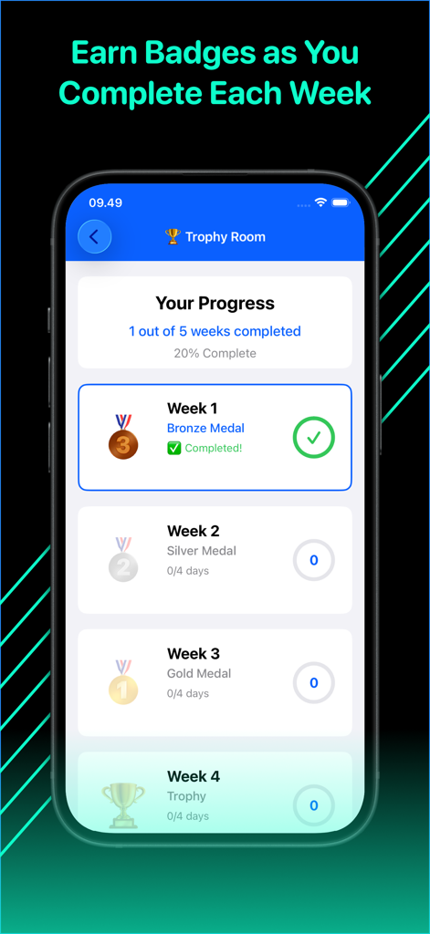 Plank Challenge 4 minutes - A mobile app screenshot showing the Trophy Room of the Plank Challenge app with weekly progress and earned medals.