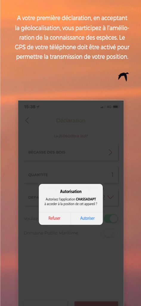A screenshot of the ChassAdapt mobile app showing a system notification requesting location access for hunting reports and conservation data.