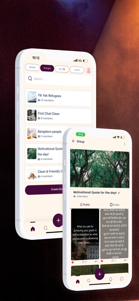 Hush – Express Freely - Interface of the Hush app displaying a list of anonymous community groups and a specific group page with motivational posts.