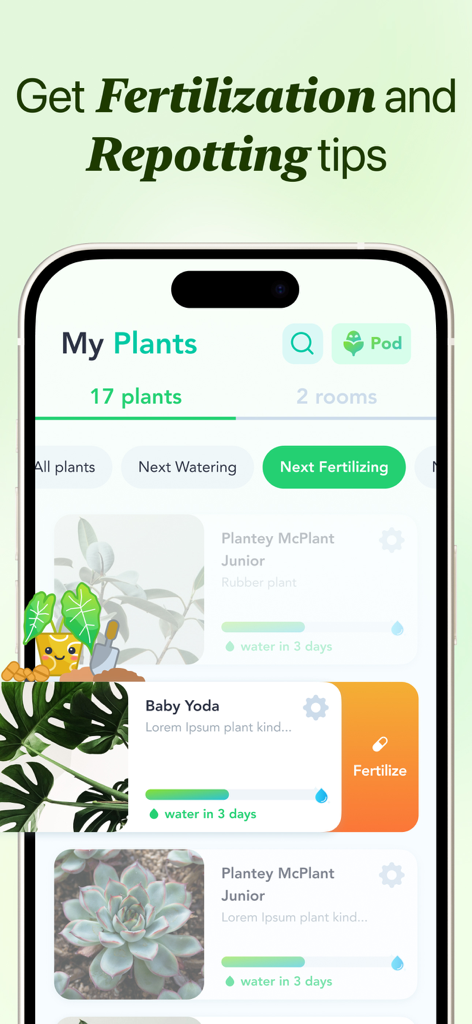 Flora - Plant ID & Diagnosis - Flora app interface showing house plant care fertilization and repotting tips