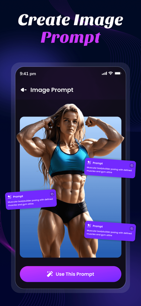 Interfaz de la aplicación AI Physique que muestra un prompt de imagen para una culturista musculosa