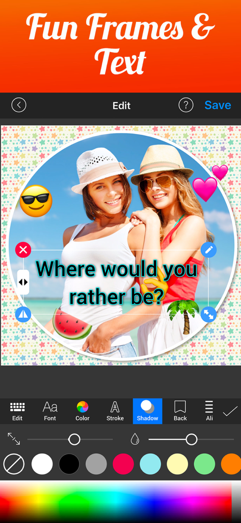 Un'interfaccia mobile per il Creatore di collage fotografici che mostra una foto di una spiaggia con testo personalizzato, adesivi a forma di cuore e cornici circolari.