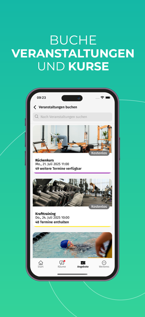 campai - Mobile app screen showing event and course booking options for club members