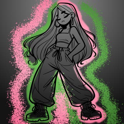 girl in baggy pants crop top and long hair