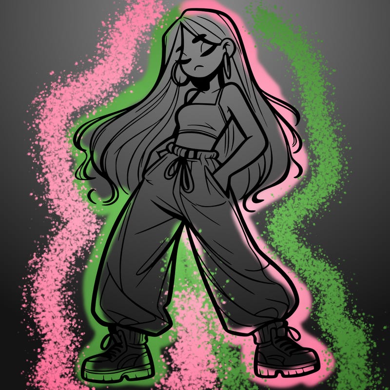 girl in baggy pants crop top and long hair