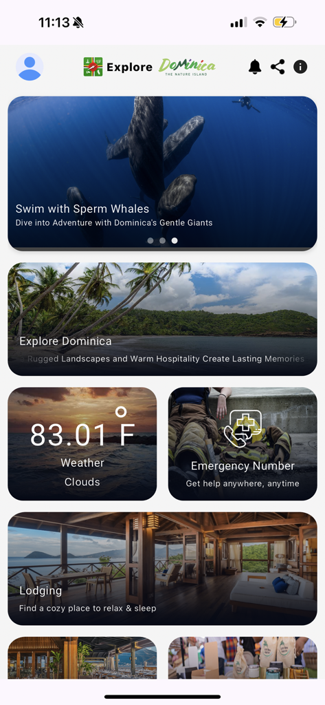 Explore Dominica - Explore Dominica mobile app home screen with travel categories like whale swimming, weather, and lodging