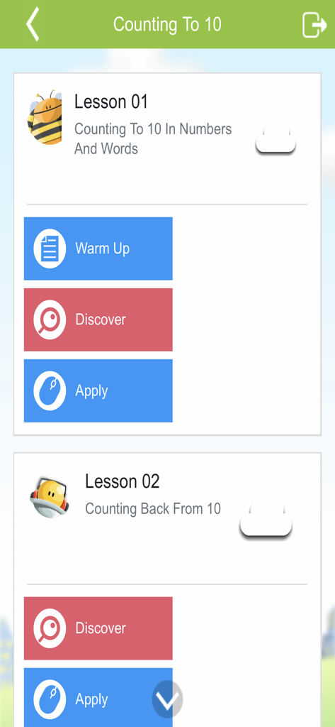MCEduHub - MCEduHub app screen showing math lessons for counting to ten with activity buttons