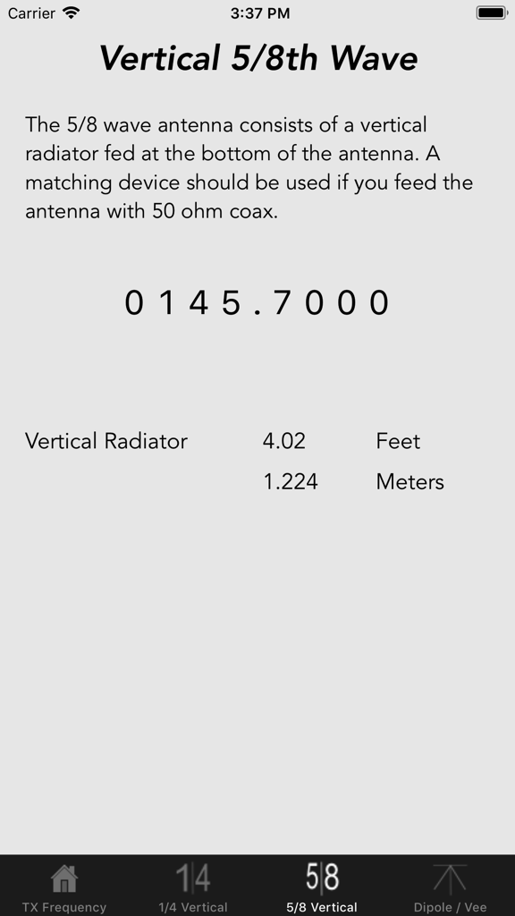 Antenna Calculator app interface showing calculations for a 5/8th wave vertical radiator