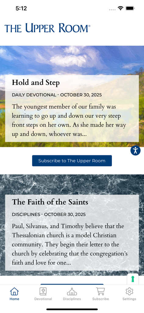 Upper Room Daily Devotional - Home screen of the Upper Room Daily Devotional app displaying daily meditation and discipline entries.