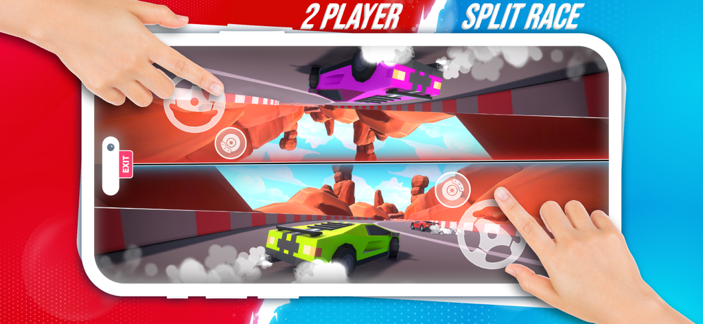 Two Player Games - Red Vs Blue - Two people playing a split-screen car racing mini game on a single mobile device showing a purple and a green car in a desert setting.