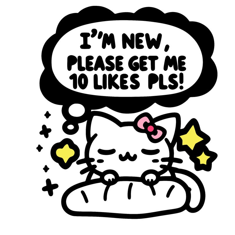 kitty taking a nap dream talking and saying "i'm new, please get me at least 10 likes pls!!"