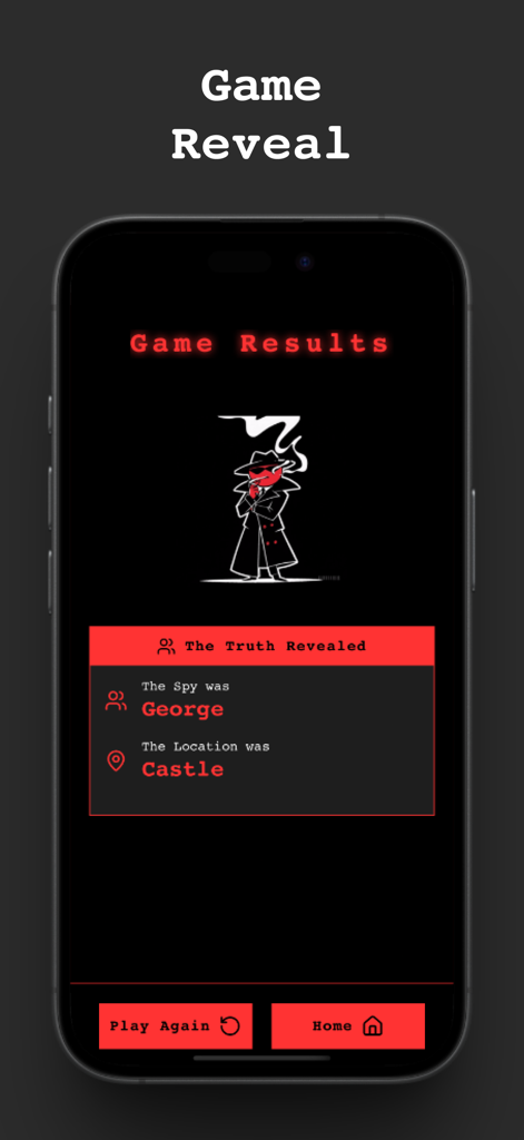 SpyFall: Find the Spy - SpyFall game reveal screen showing the identity of the spy and the secret location.