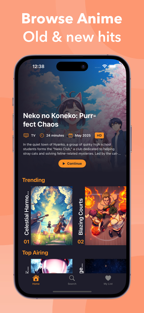 Anime Watch List: TV Episodes - Mobile app home screen for browsing and tracking old and new anime hits